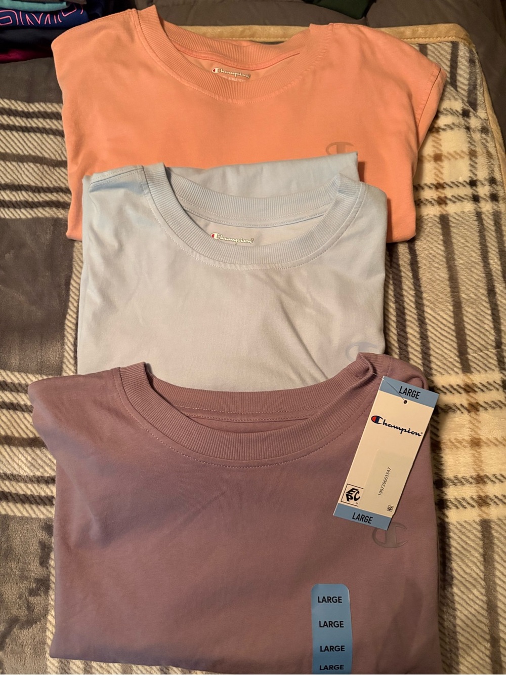 Champion men’s Short-Sleeve Tees in Peach, Light Blue & Lilac